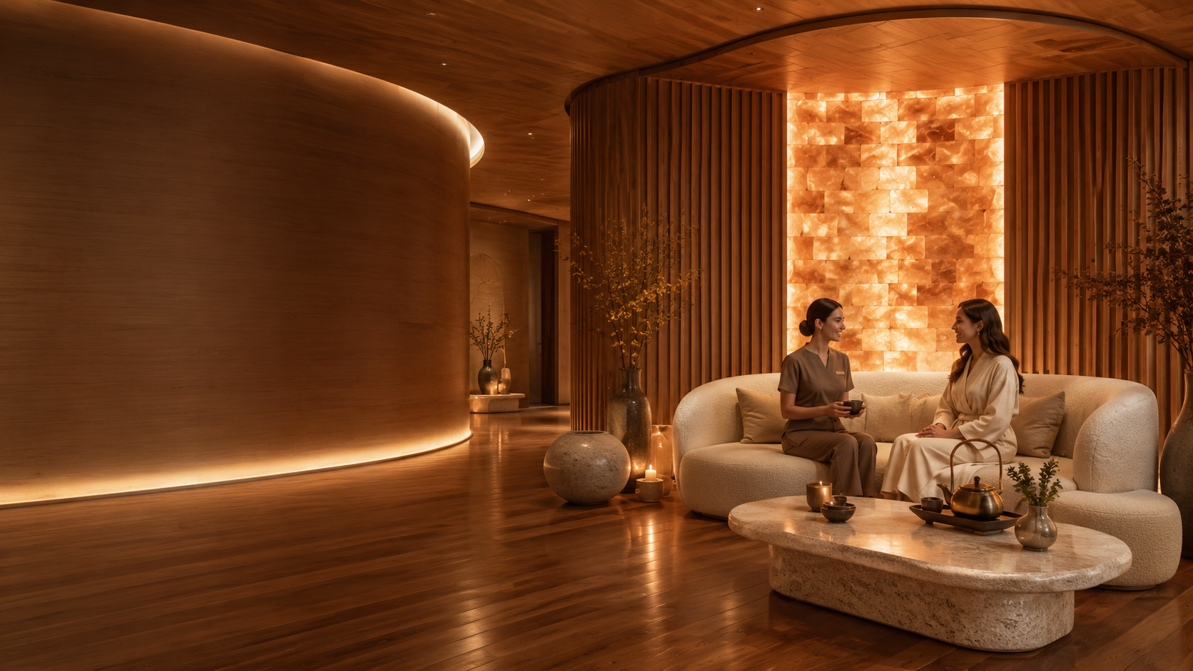 Elegant Ghogi Spa lounge with warm wood interiors, Himalayan salt wall, and guest consultation area in Bengaluru