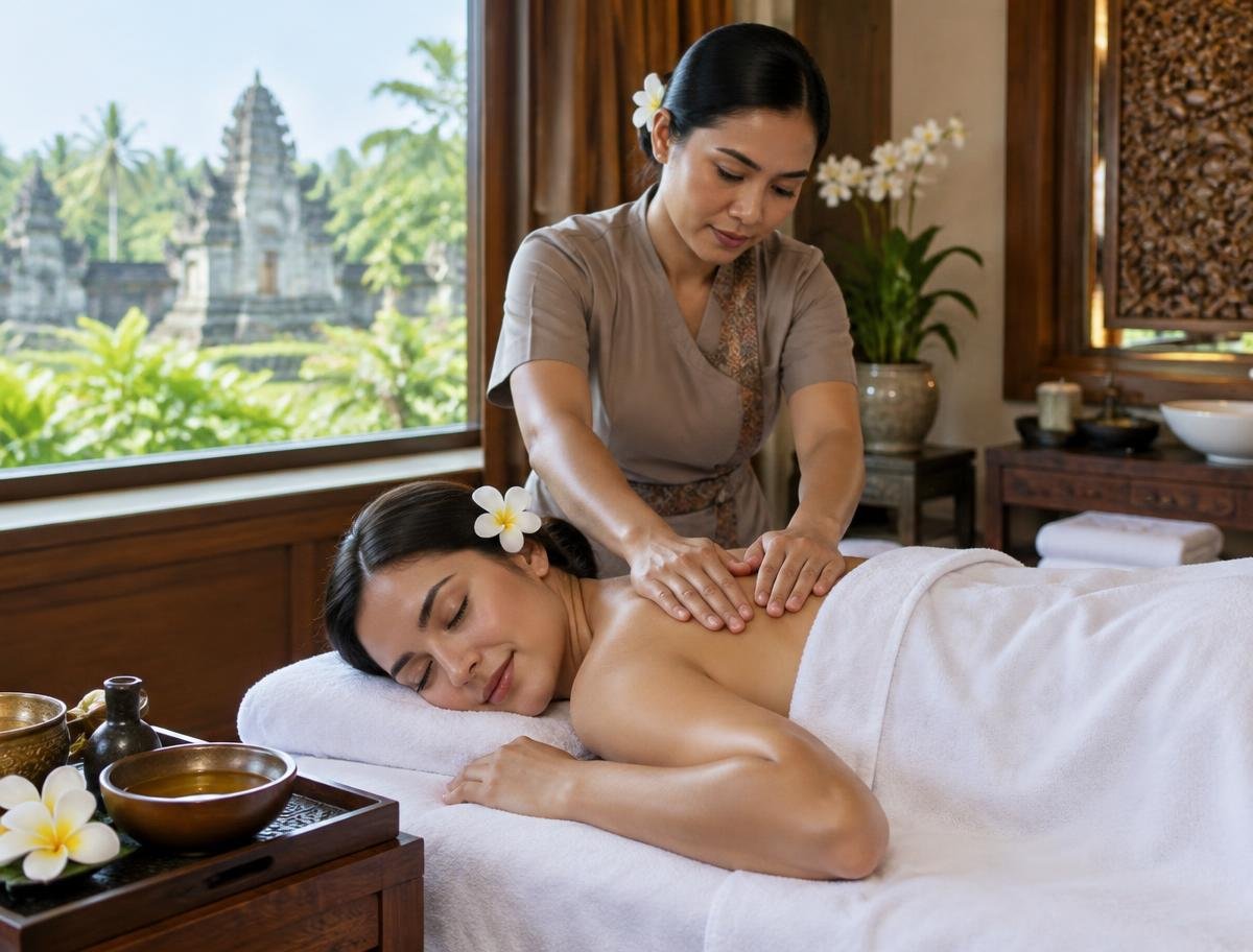 Therapist giving shoulder massage with frangipani flowers nearby