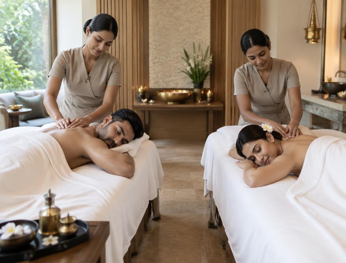 Two guests receiving side-by-side couple massage