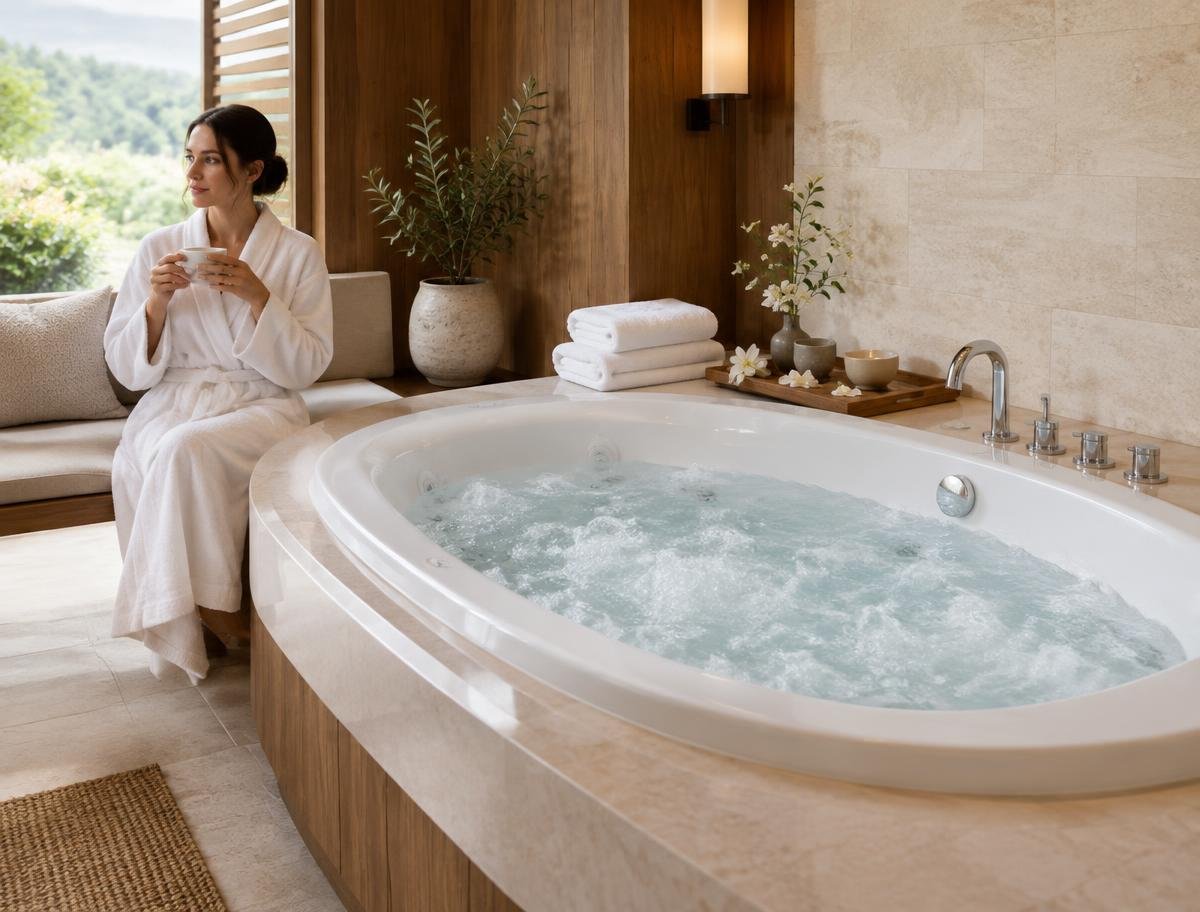 Guest in a bathrobe drinking tea beside a bubbling jacuzzi